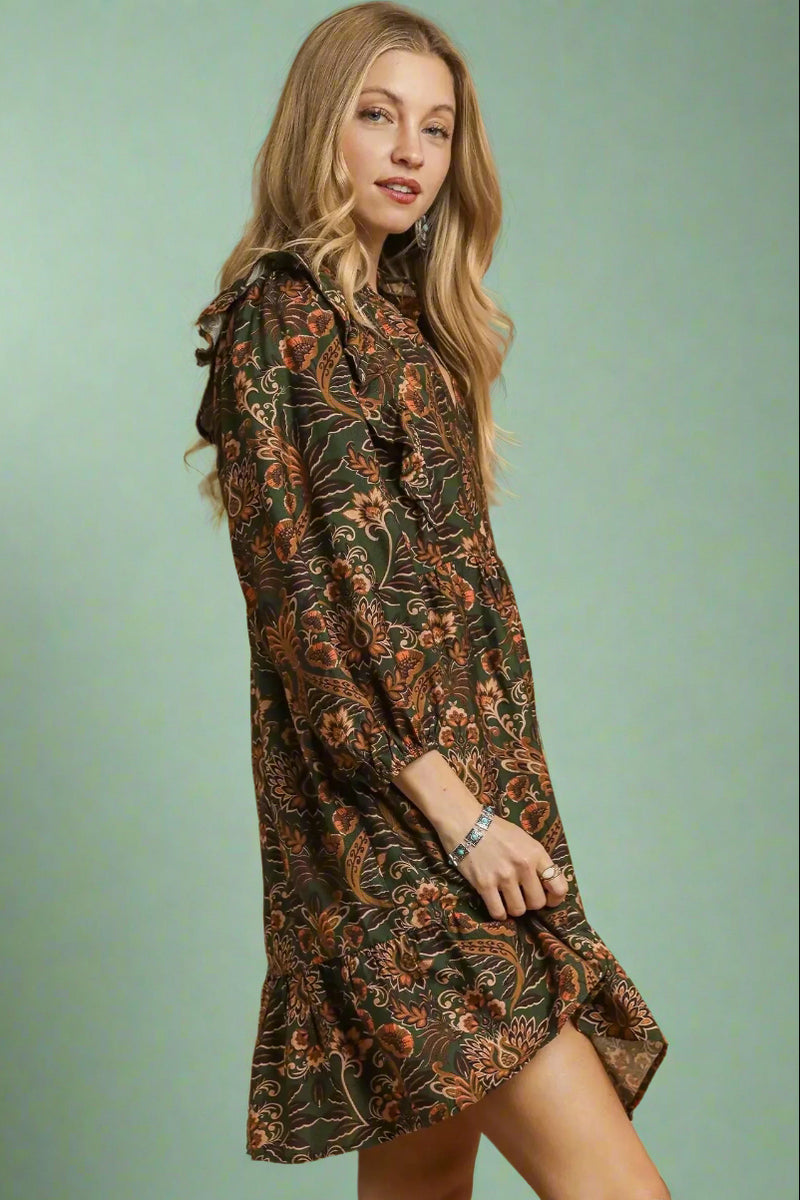 Floral Long Sleeve Mini Dress - Olive