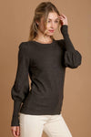 Boat Neck Knit Top Shirring Sleeves - Grey