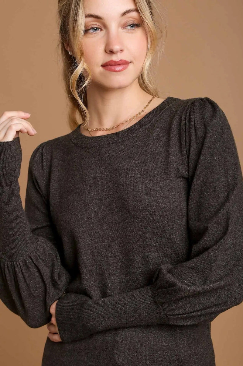 Boat Neck Knit Top Shirring Sleeves - Grey
