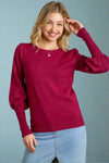 Boat Neck Knit Top Shirring Sleeves - Magenta