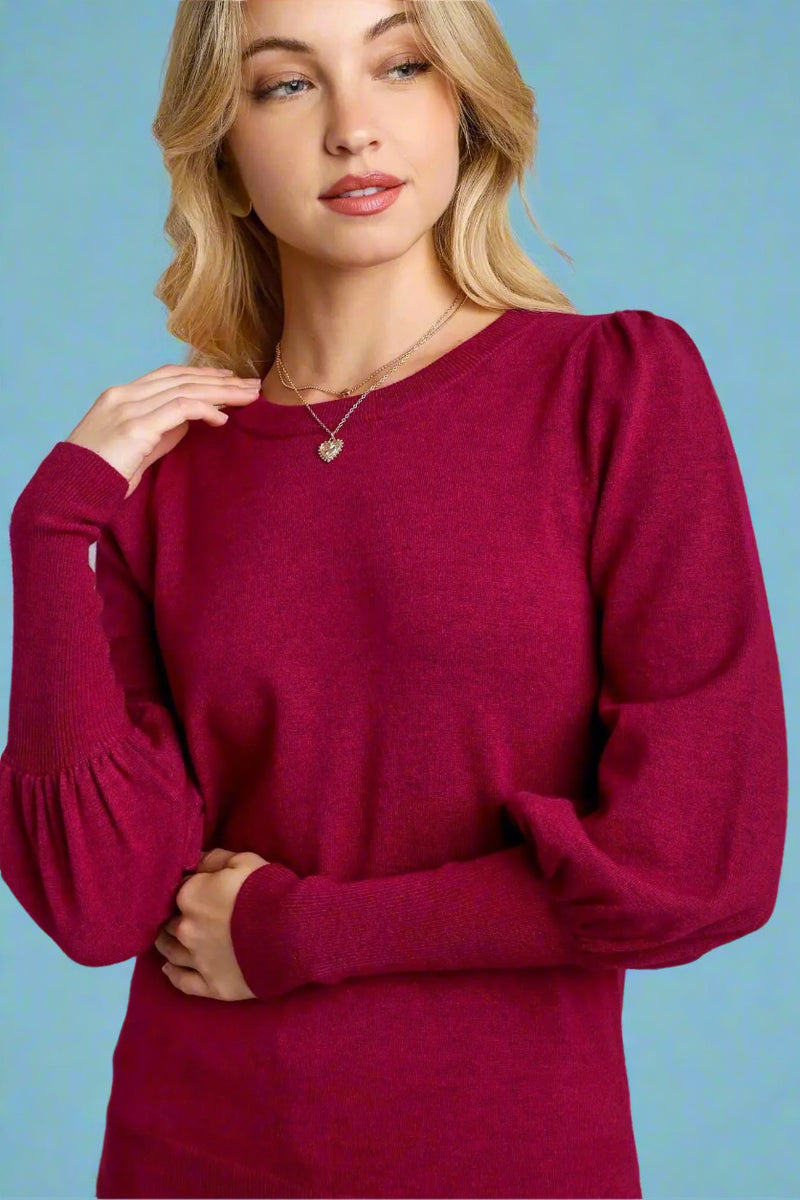 Boat Neck Knit Top Shirring Sleeves - Magenta