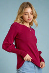 Boat Neck Knit Top Shirring Sleeves - Magenta