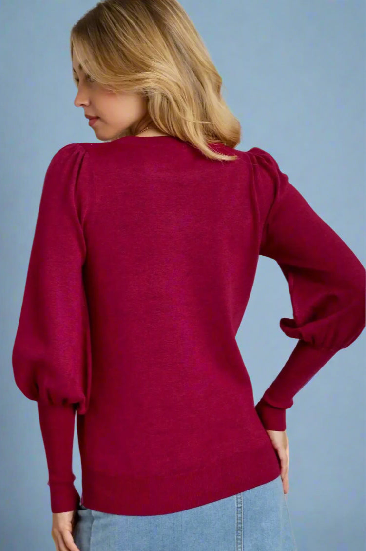 Boat Neck Knit Top Shirring Sleeves - Magenta
