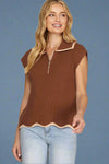 Wave Hem Zip Sweater Top - Brown