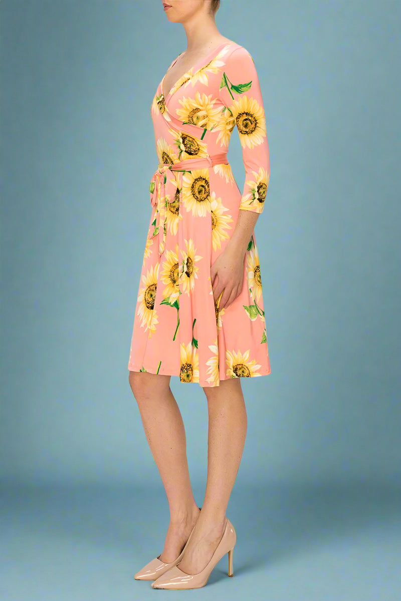 Janette Faux Wrap Sunflower Dress - Blush