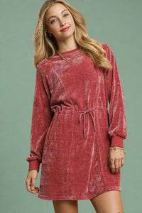Velour Drawstring Mini Dress - Burgundy