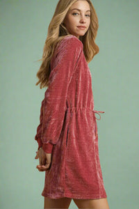 Velour Drawstring Mini Dress - Burgundy