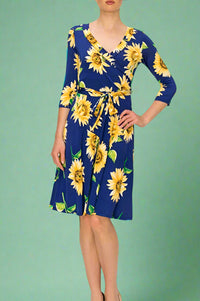 Janette Faux Wrap Sunflower Dress - Navy