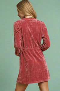 Velour Drawstring Mini Dress - Burgundy