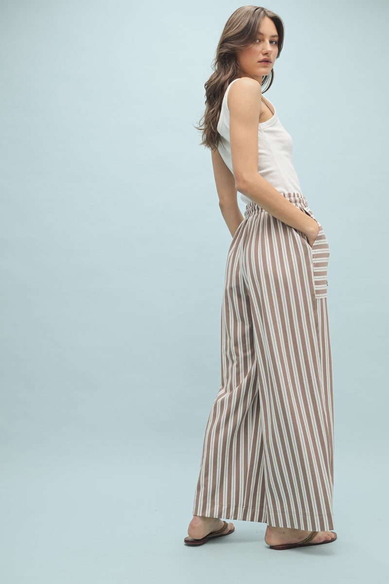 Casual Striped Wide Leg Pants - Mocha