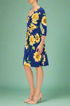 Janette Faux Wrap Sunflower Dress - Navy