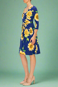 Janette Faux Wrap Sunflower Dress - Navy