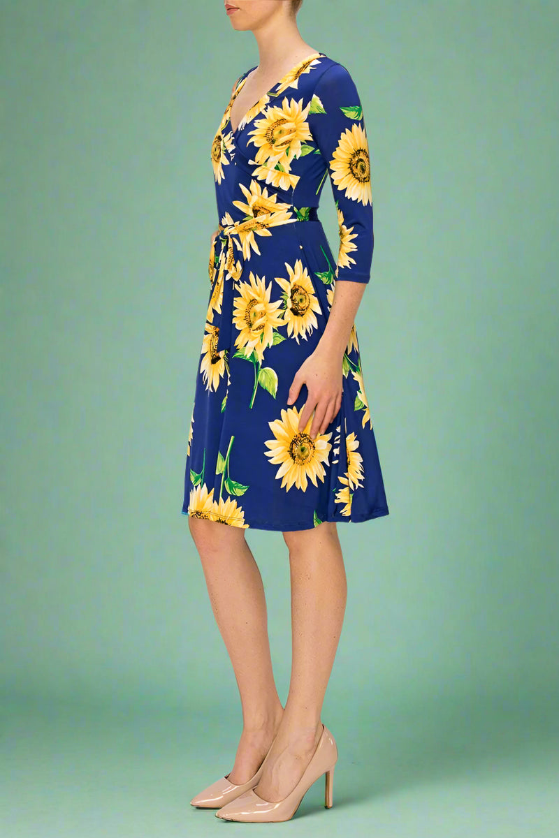 Janette Faux Wrap Sunflower Dress - Navy