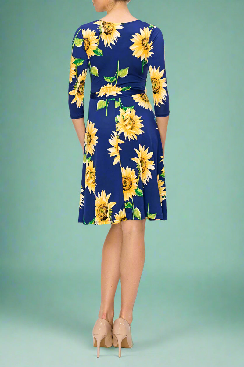 Janette Faux Wrap Sunflower Dress - Navy