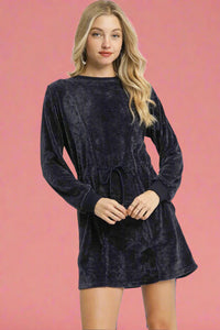 Velour Drawstring Mini Dress - Midnight