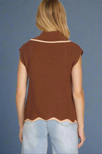 Wave Hem Zip Sweater Top - Brown