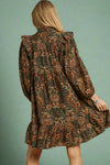 Floral Long Sleeve Mini Dress - Olive