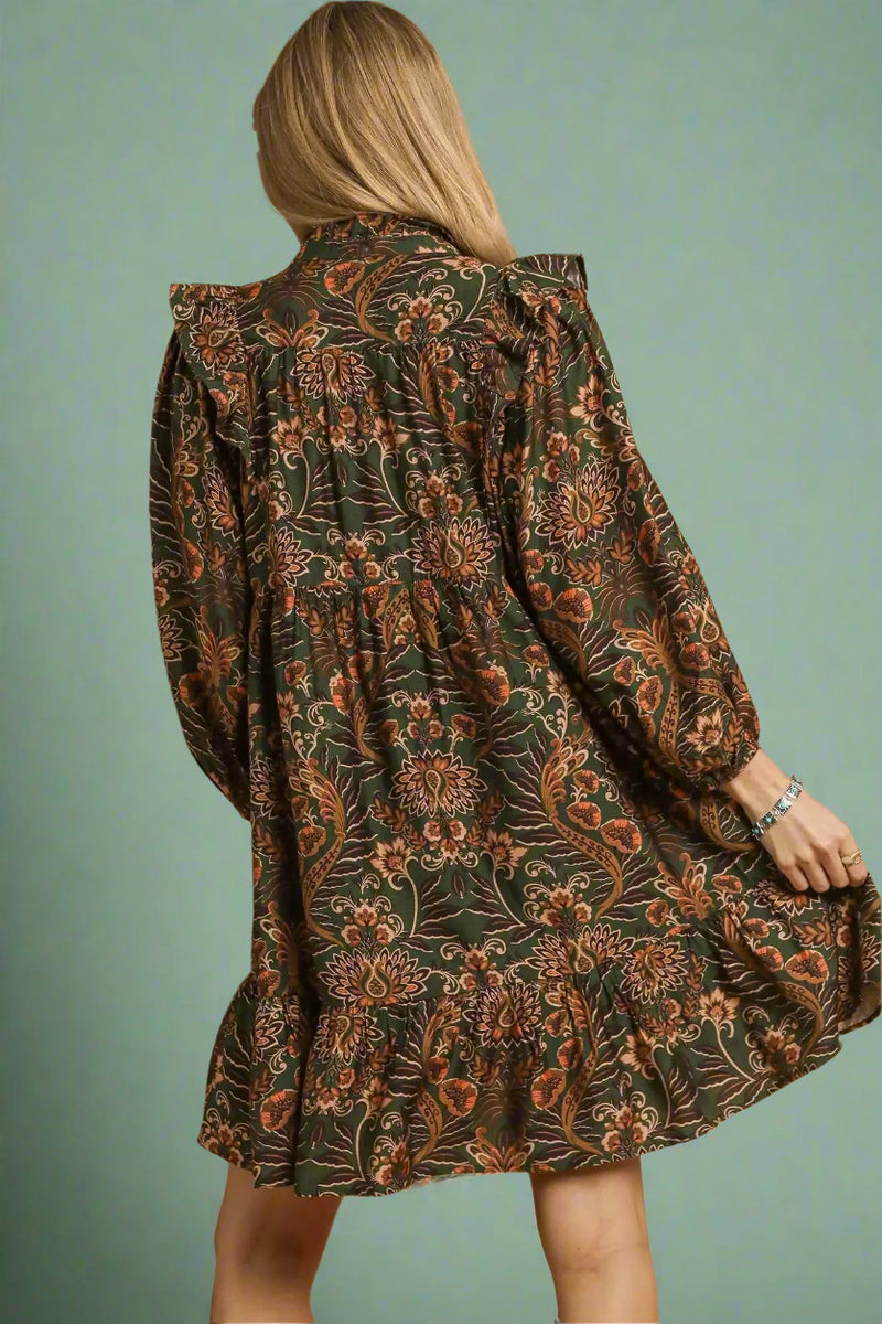 Floral Long Sleeve Mini Dress - Olive