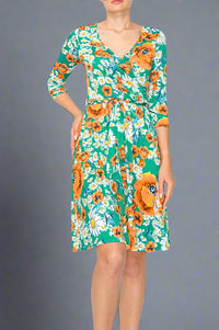 Janette Faux Wrap Dress - Green Floral