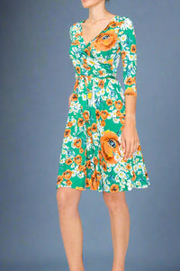 Janette Faux Wrap Dress - Green Floral