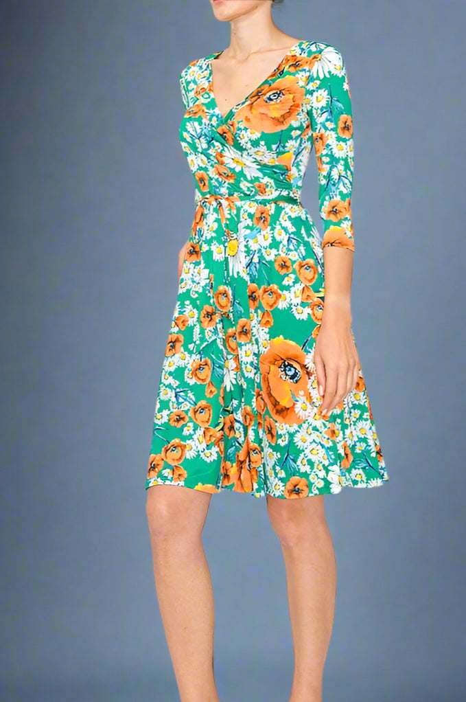 Janette Faux Wrap Dress - Green Floral