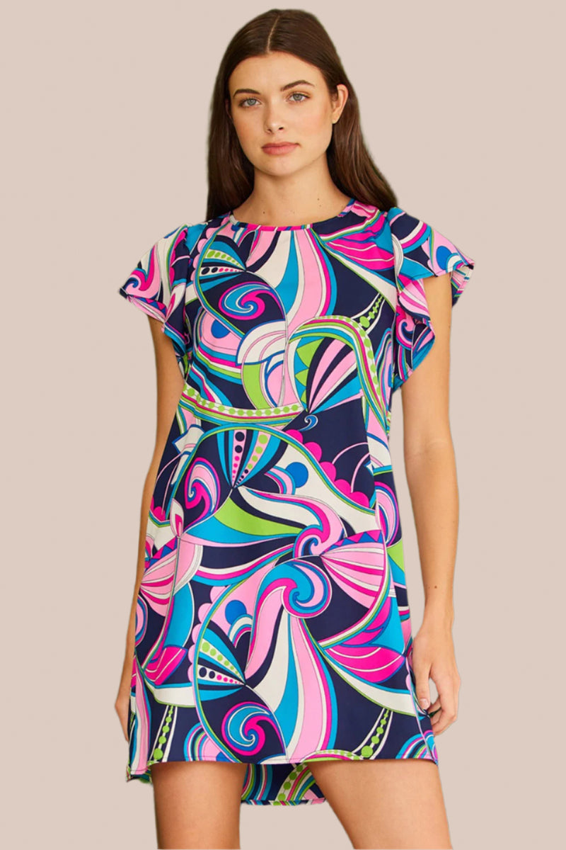 This blue and pink patterned mini dress has flutter sleeve and a back bow.