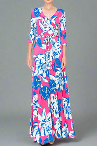 Maxi Faux Wrap Dress - Floral Fushia