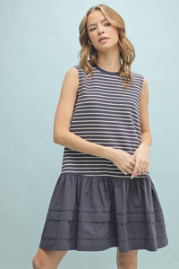 Mixed Media Striped Mini Dress - Blue
