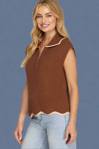 Wave Hem Zip Sweater Top - Brown