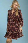 Floral Long Sleeve Mini Dress - Wine