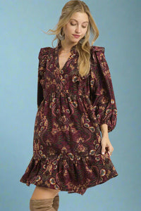 Floral Long Sleeve Mini Dress - Wine