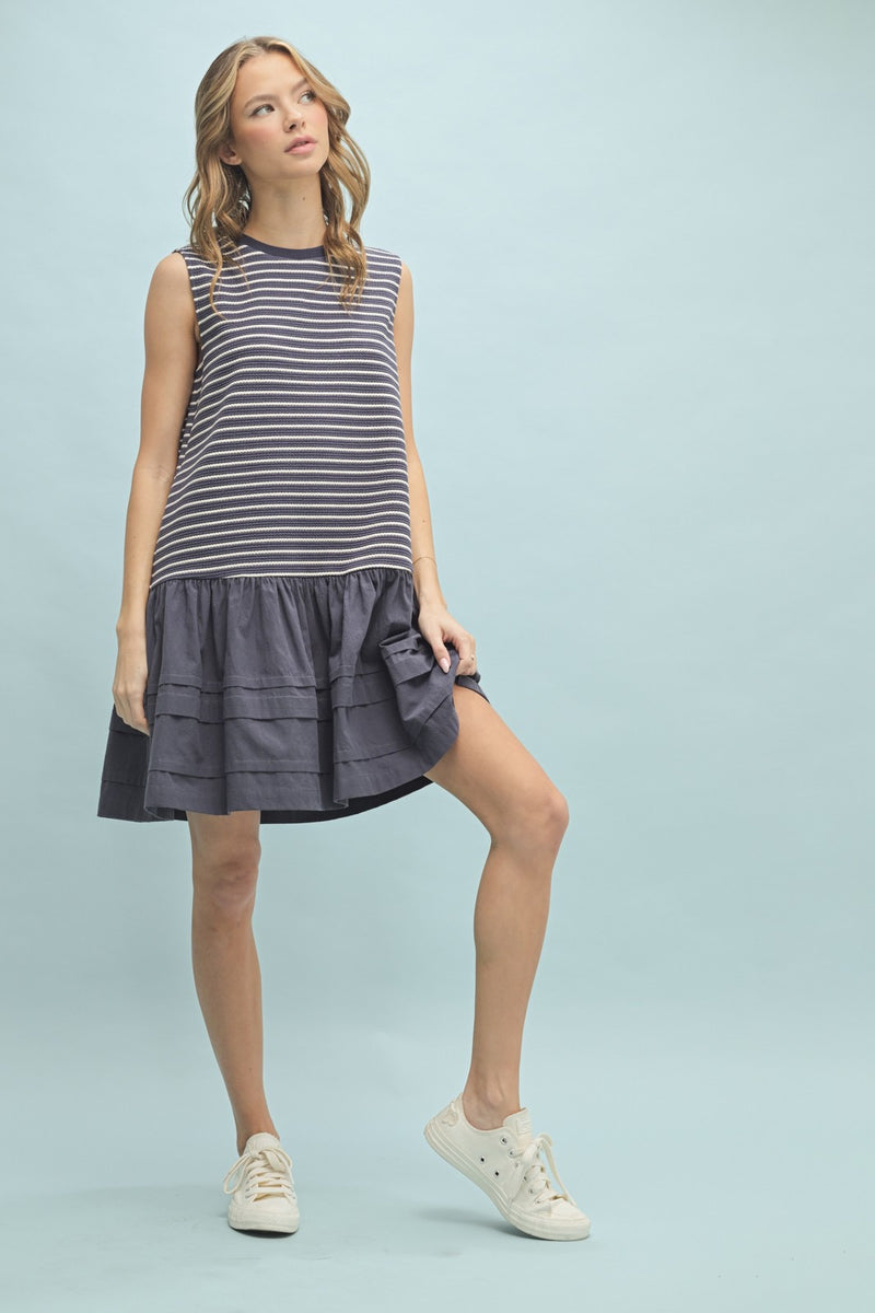 Mixed Media Striped Mini Dress - Blue