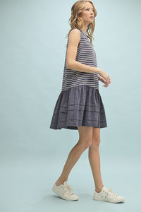 Mixed Media Striped Mini Dress - Blue
