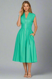 Smocked Front Zip Midi Dress - Jade
