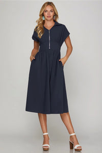 Solid Zip Up Midi Dress - Navy