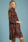 Floral Long Sleeve Mini Dress - Wine