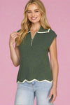 Wave Hem Zip Sweater Top - Olive