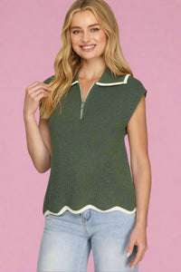 Wave Hem Zip Sweater Top - Olive