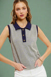 Color Block Collared Sleeveless Knit Top