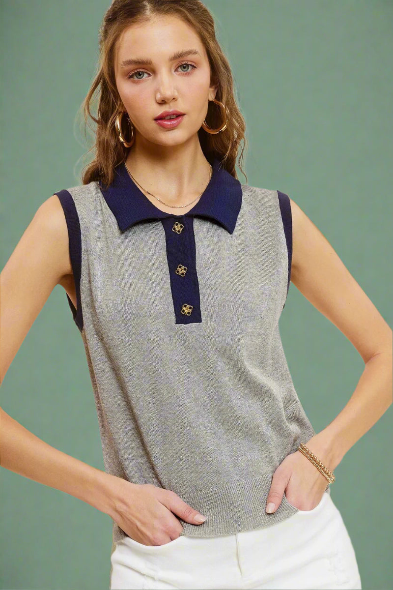 Color Block Collared Sleeveless Knit Top
