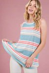 Model is wearing a pastel toned multi striped tank top in a light weight knit material.