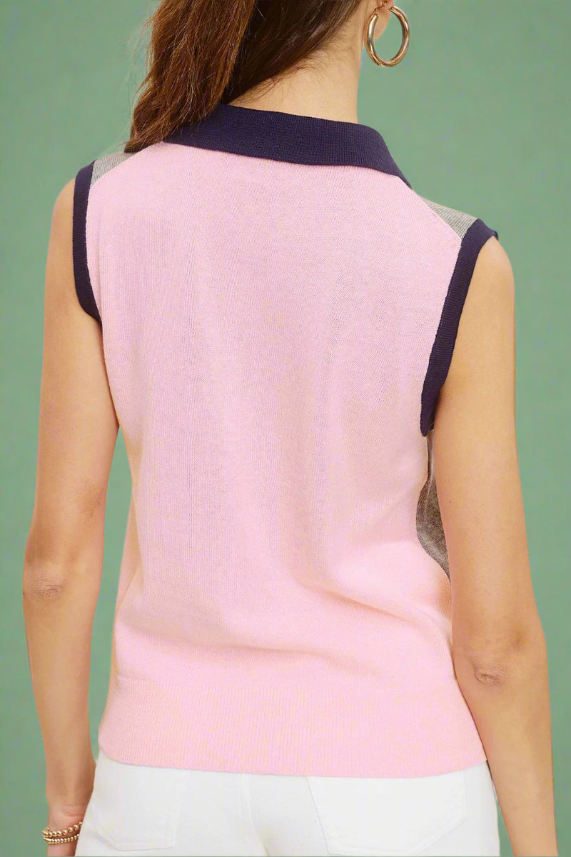 Color Block Collared Sleeveless Knit Top