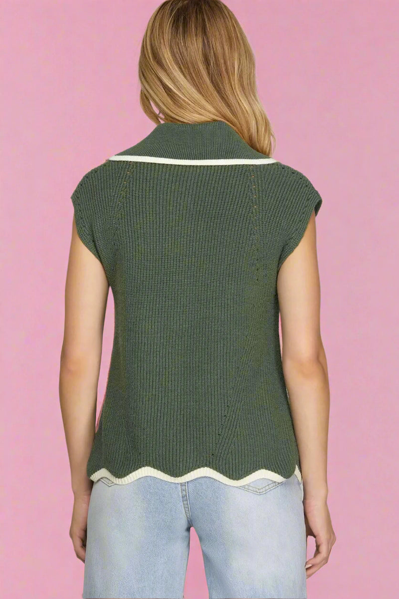 Wave Hem Zip Sweater Top - Olive