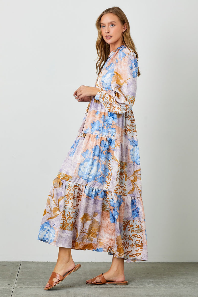 Patchwork Print Satin Maxi Blue
