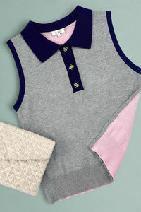 Color Block Collared Sleeveless Knit Top