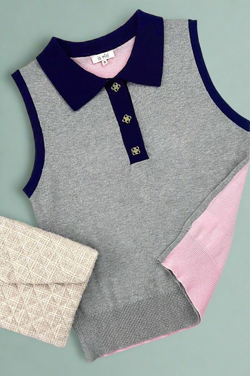 Color Block Collared Sleeveless Knit Top