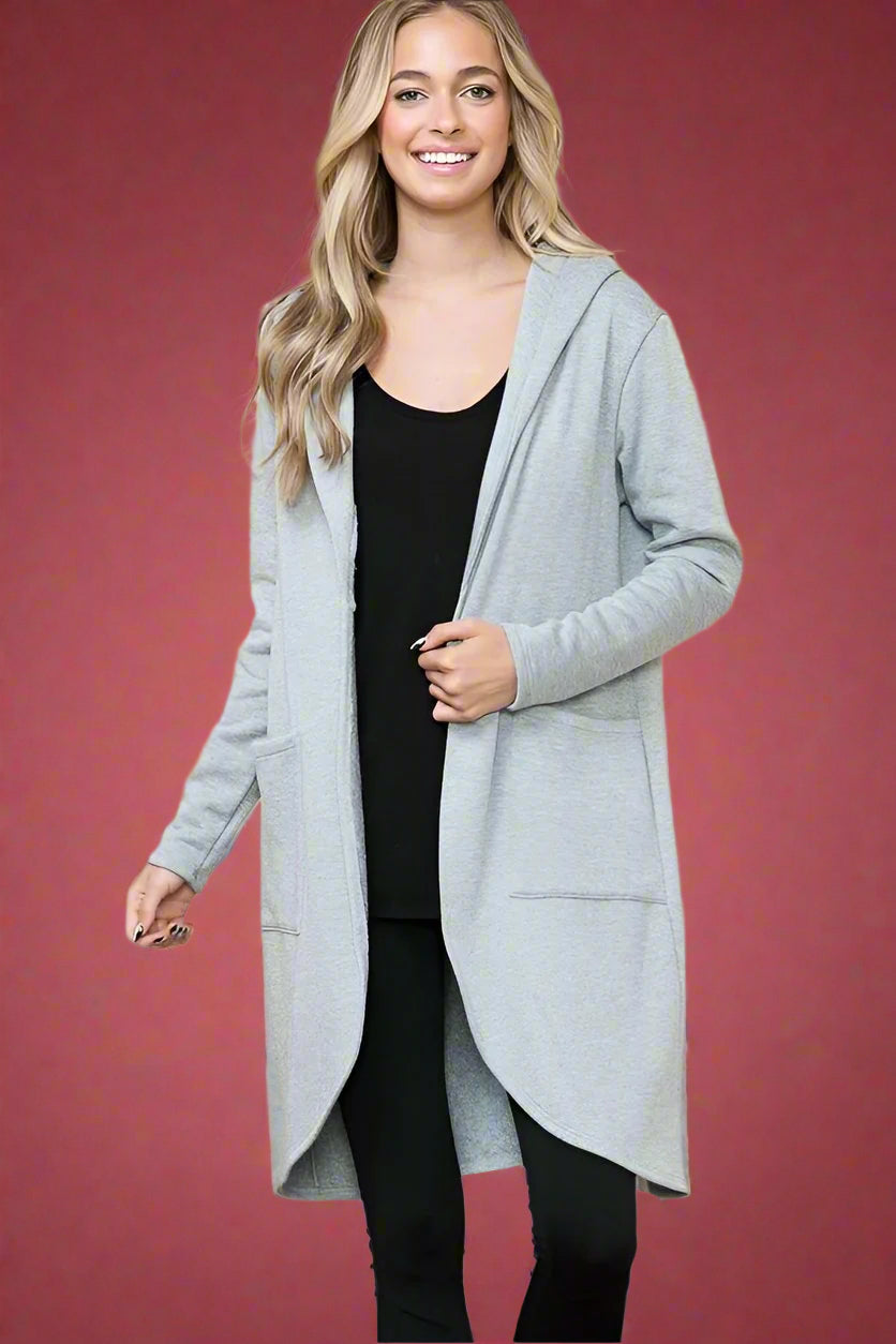 Hooded Open Cardigan Pockets Gray
