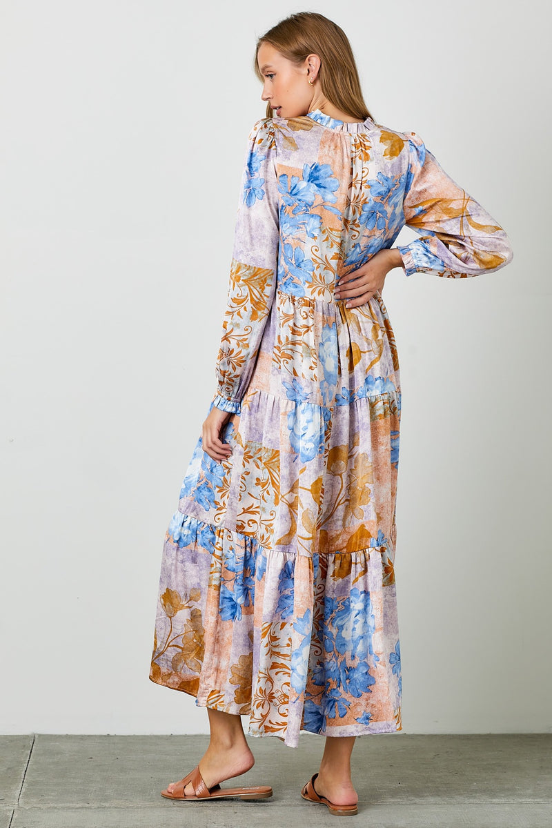 Patchwork Print Satin Maxi Blue