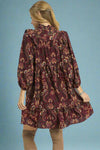Floral Long Sleeve Mini Dress - Wine