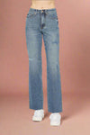 A pair of womens high rise straight leg jeans by Judy Blue in a medium wash featuring a relaxed fit and raw hem.